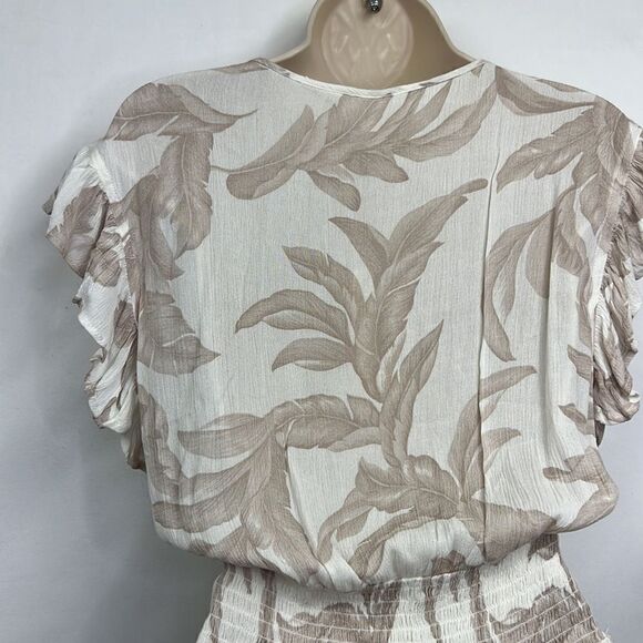 Elan Tan and white tropical print smocked waist wrap top mini dress NWT size XS - Picture 11 of 16